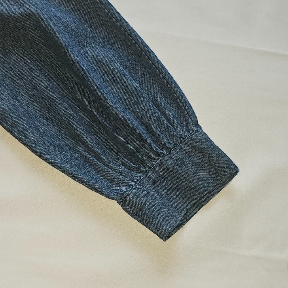 Pomander Place Chambray Claiborne Dress Ruffle Neck Gold Button Medium Size S - Picture 15 of 15